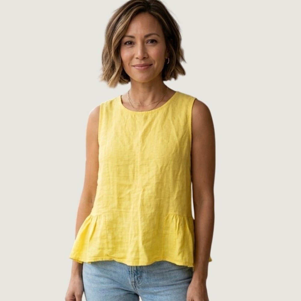 Francesca Bettini Yellow 100% Linen Sleeveless Peplum Top Made in Italy Large